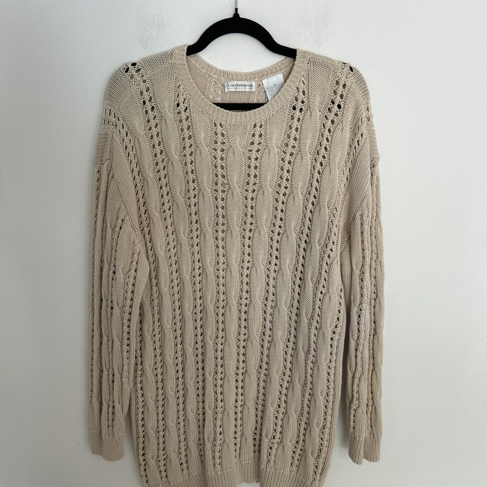 Liz Claiborne Women's M Cream Cable knit Long Sleeve Crewneck Sweater 100% Cotto